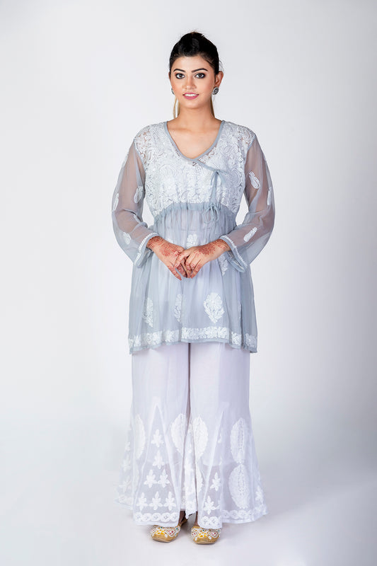 Grey Skin Friendly Hand Chikankari Kurti Lucknow Chikan Emporium.