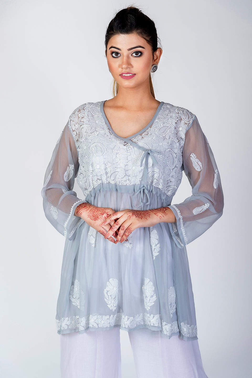 Grey Skin Friendly Hand Chikankari Kurti Lucknow Chikan Emporium.