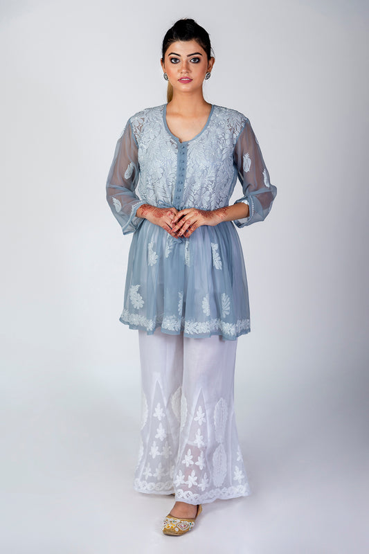 Grey Skin Friendly Hand Chikankari Kurti Lucknow Chikan Emporium.