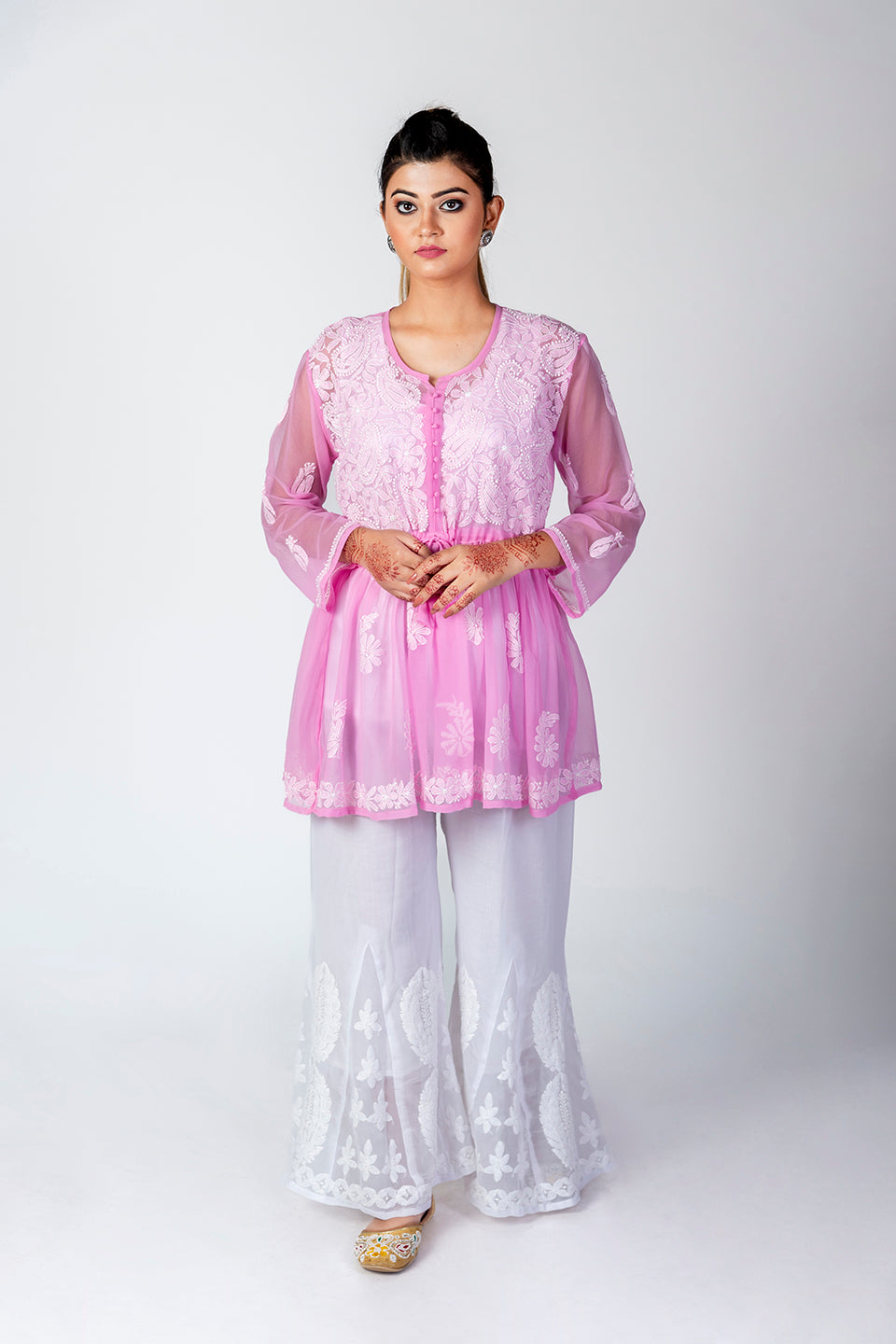 Pink Skin Friendly Hand Chikankari Kurti Lucknow Chikan Emporium.