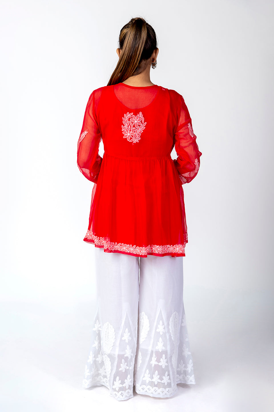 Red Skin Friendly Hand Chikankari Short Kurti Lucknow Chikan Emporium.