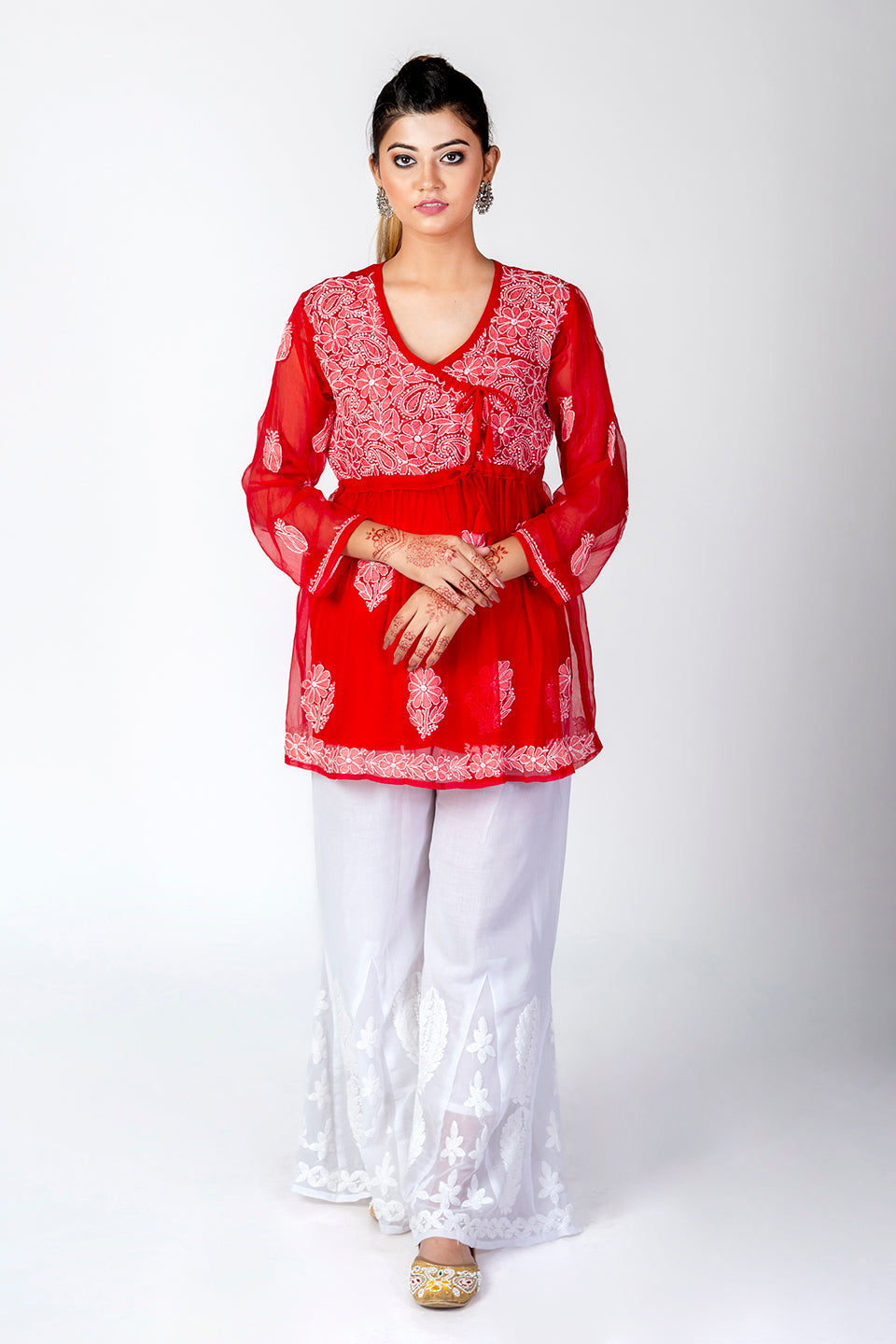 Red Skin Friendly Hand Chikankari Short Kurti Lucknow Chikan Emporium.