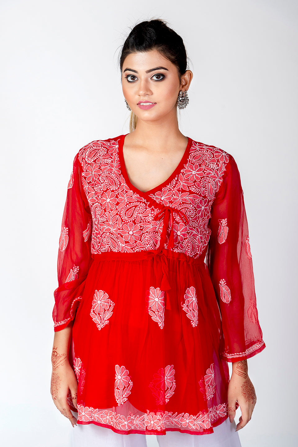 Red Skin Friendly Hand Chikankari Short Kurti Lucknow Chikan Emporium.