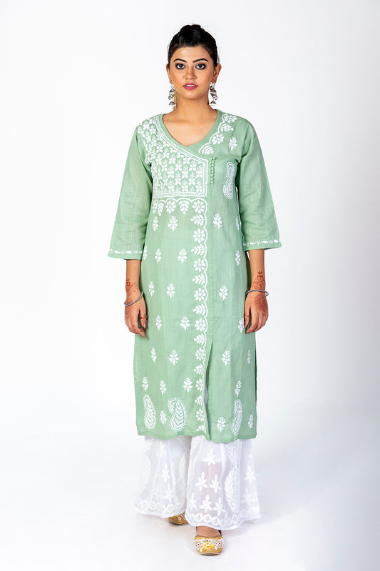 White Cotton Thread Hand Chikankari Kurti Lucknow Chikan Emporium.