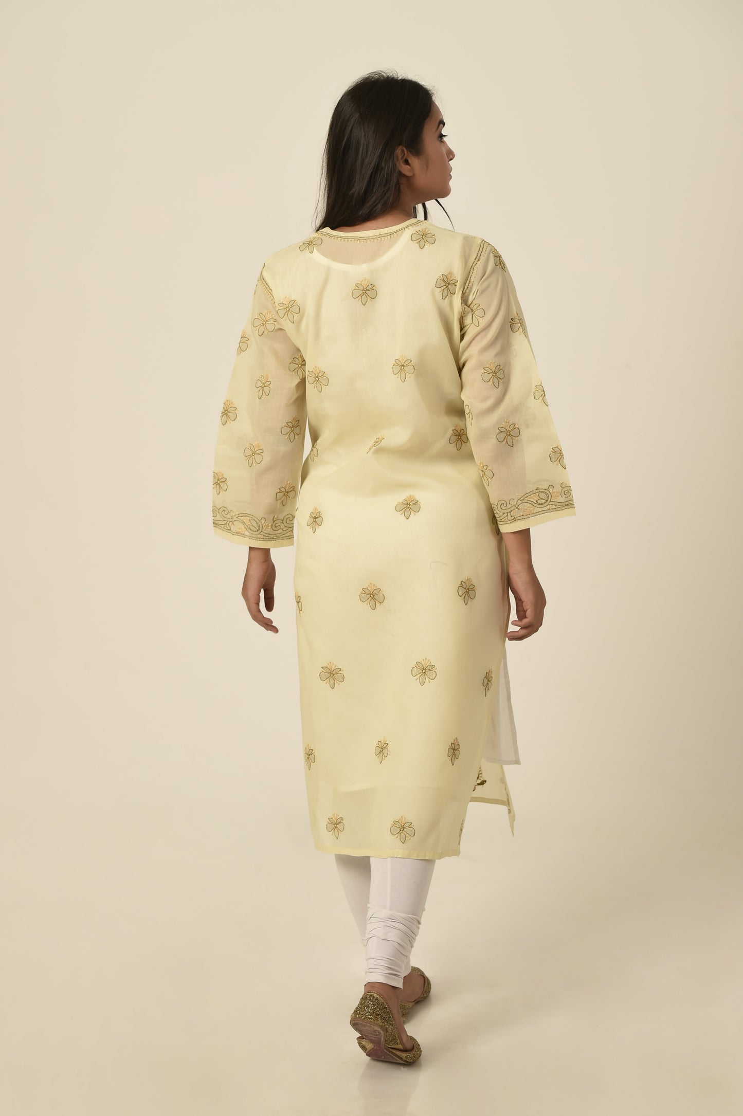 Fawn colour Hand embroided cotton Chikankari Kurti Lucknow Chikan Emporium.
