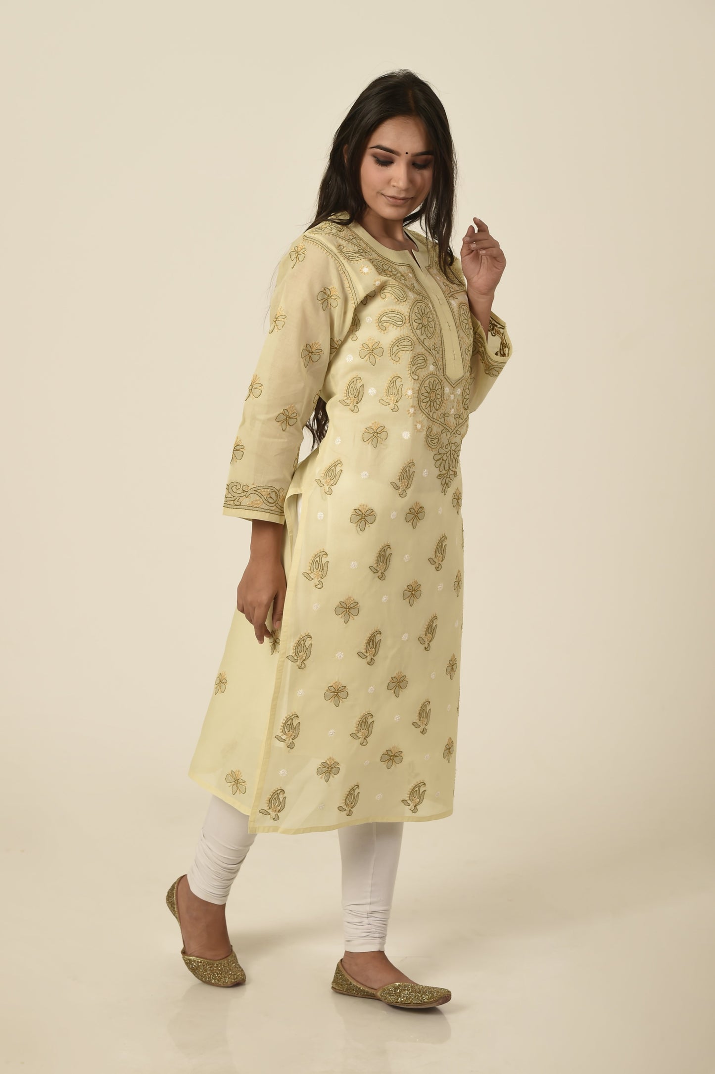 Fawn colour Hand embroided cotton Chikankari Kurti Lucknow Chikan Emporium.