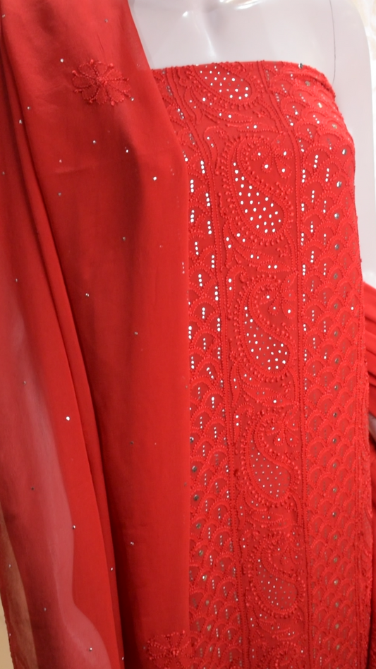 LCE Hand Embroidered Red Chikan Kurta and Dupatta only