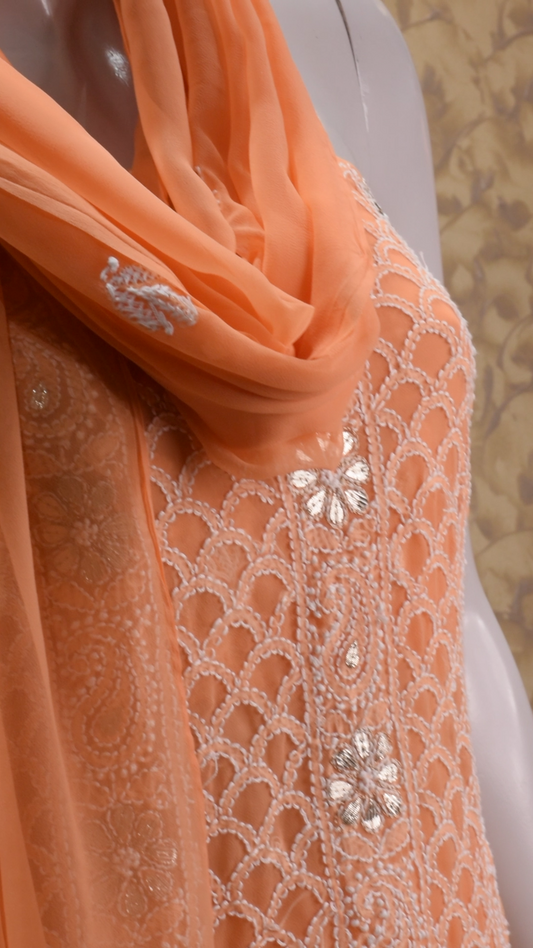 LCE Hand Embroidery Chikankari Full Dress Material Peach