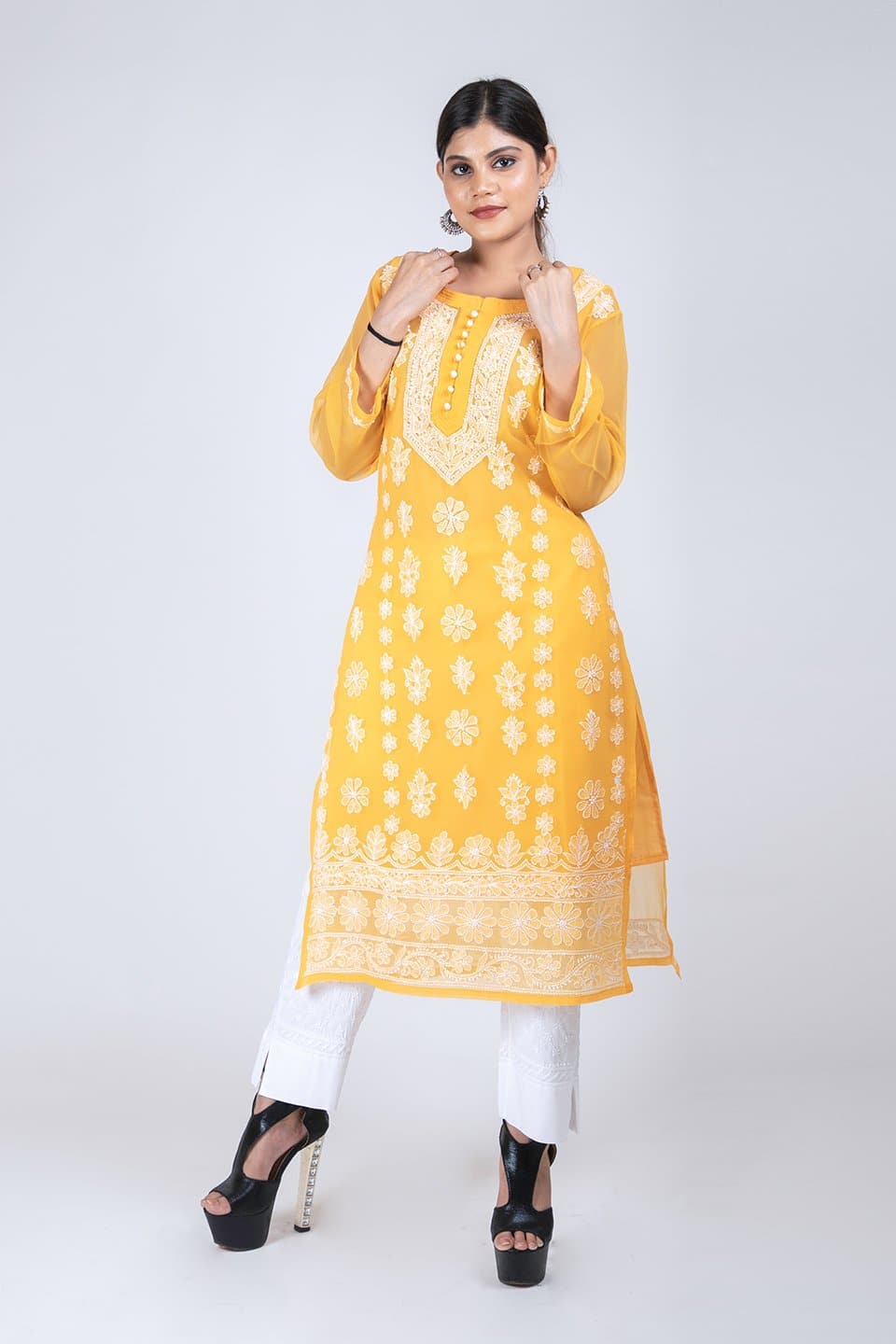 (Mango Color) Hand Chikankari Semi Georgette Kurti Lucknow Chikan Emporium.