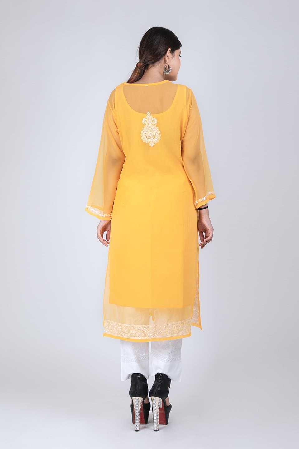 (Mango Color) Hand Chikankari Semi Georgette Kurti Lucknow Chikan Emporium.