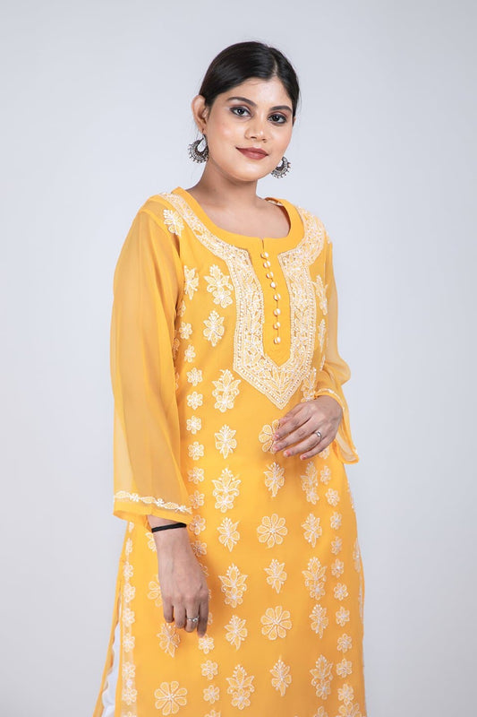 (Mango Color) Hand Chikankari Semi Georgette Kurti Lucknow Chikan Emporium.
