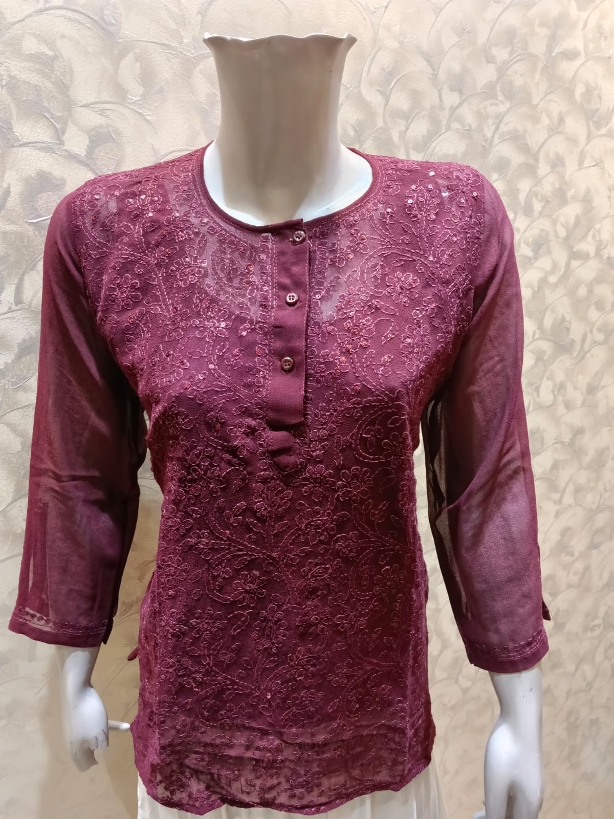 Skin Friendly Georgette Chikankari Short Kurti Wine Colour Lucknow Chikan Emporium.