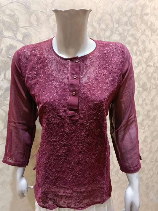 Skin Friendly Georgette Chikankari Short Kurti Wine Colour Lucknow Chikan Emporium.