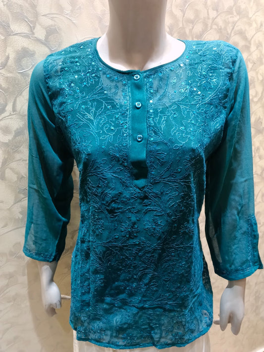 Skin Friendly Georgette Chikankari Short Kurti Teal Blue Colour Lucknow Chikan Emporium.