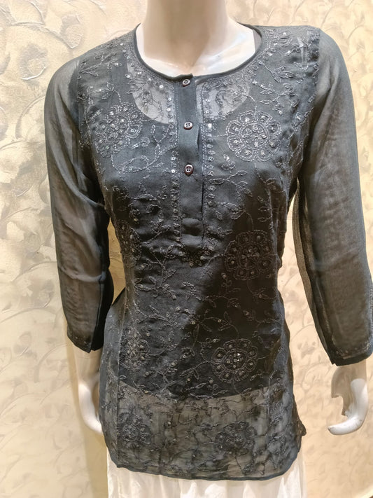 Skin Friendly Georgette Chikankari Short Kurti Black Colour Lucknow Chikan Emporium.