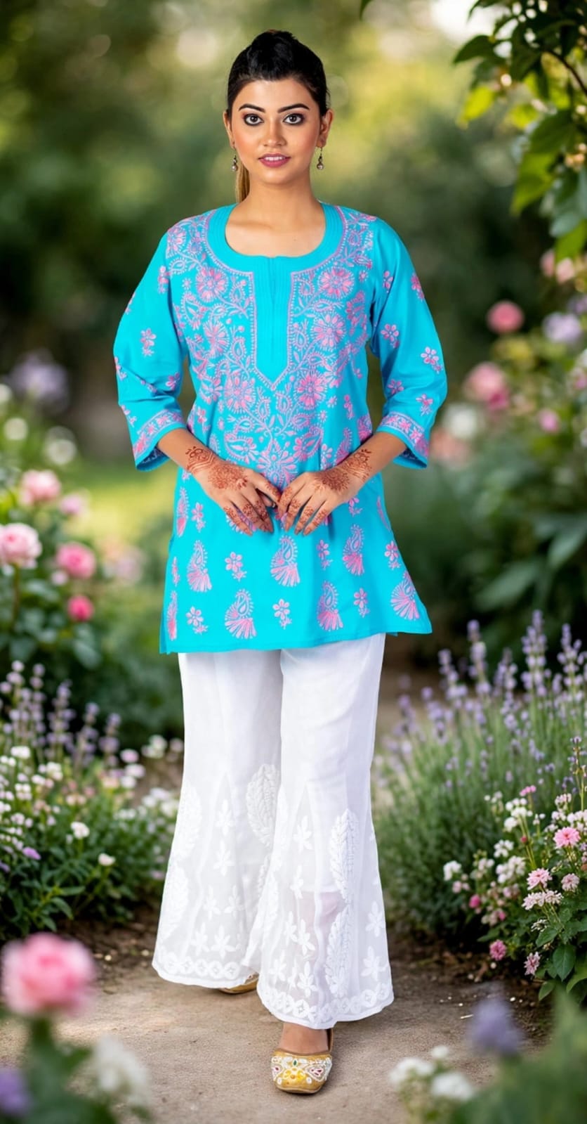 Blue Skin Friendly Hand Chikankari Short Kurti Lucknow Chikan Emporium