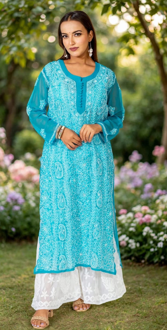 Blue Kurti Hand Embroided Skin Friendly Semi Georgette Chikankari Lucknow Chikan Emporium.