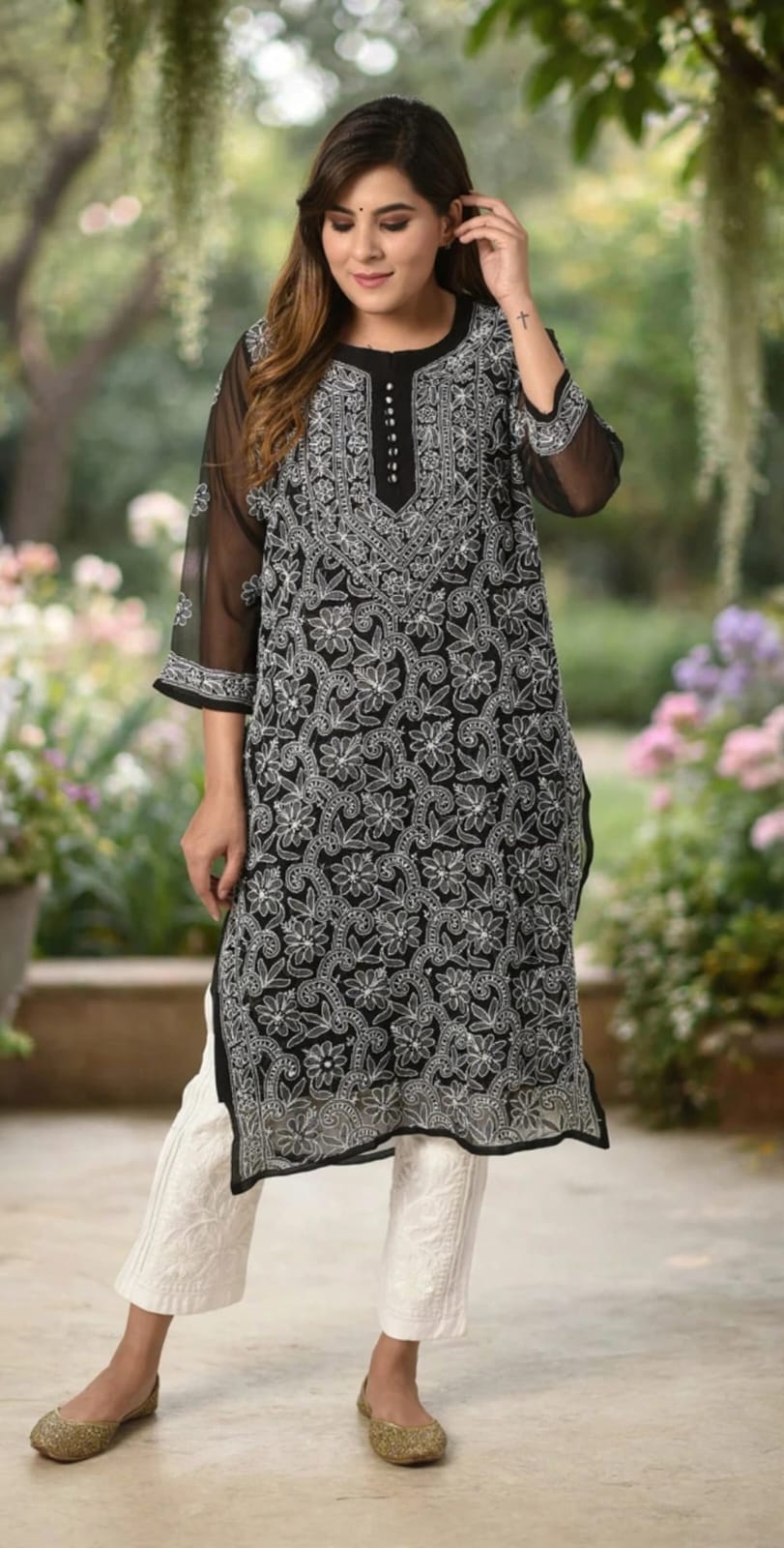 Black Hand embroided Semi georgette Chikankari Kurti Lucknow Chikan Emporium.