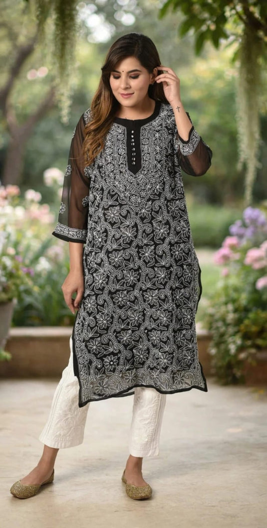 Black Hand embroided Semi georgette Chikankari Kurti Lucknow Chikan Emporium.