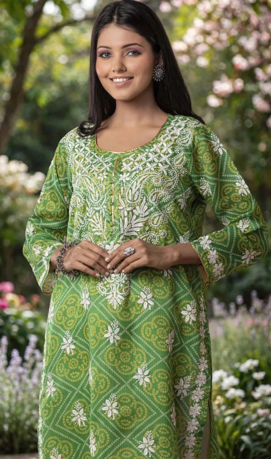 Bandhani Print Cotton Long kurti Nice Green Colour Hand Chikankari Lucknow Chikan Emporium.