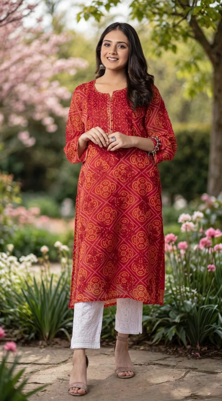 bandhani print Cotton Long kurti Nice Red Colour Hand Chikankari Lucknow Chikan Emporium.