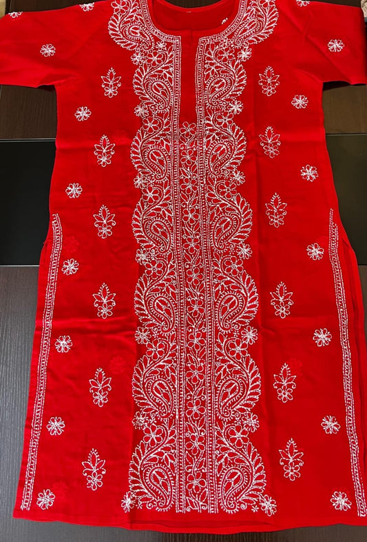 Red Cotton Kurti with Hand Chikankari Work in Panel Design