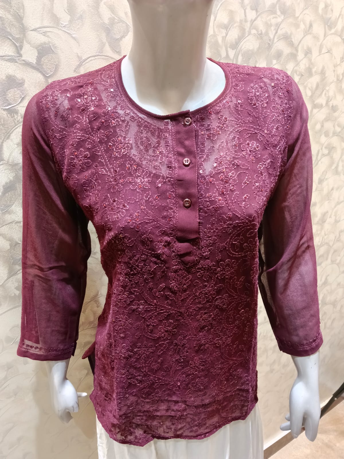 Skin Friendly Georgette Chikankari Short Kurti Wine Colour Lucknow Chikan Emporium.