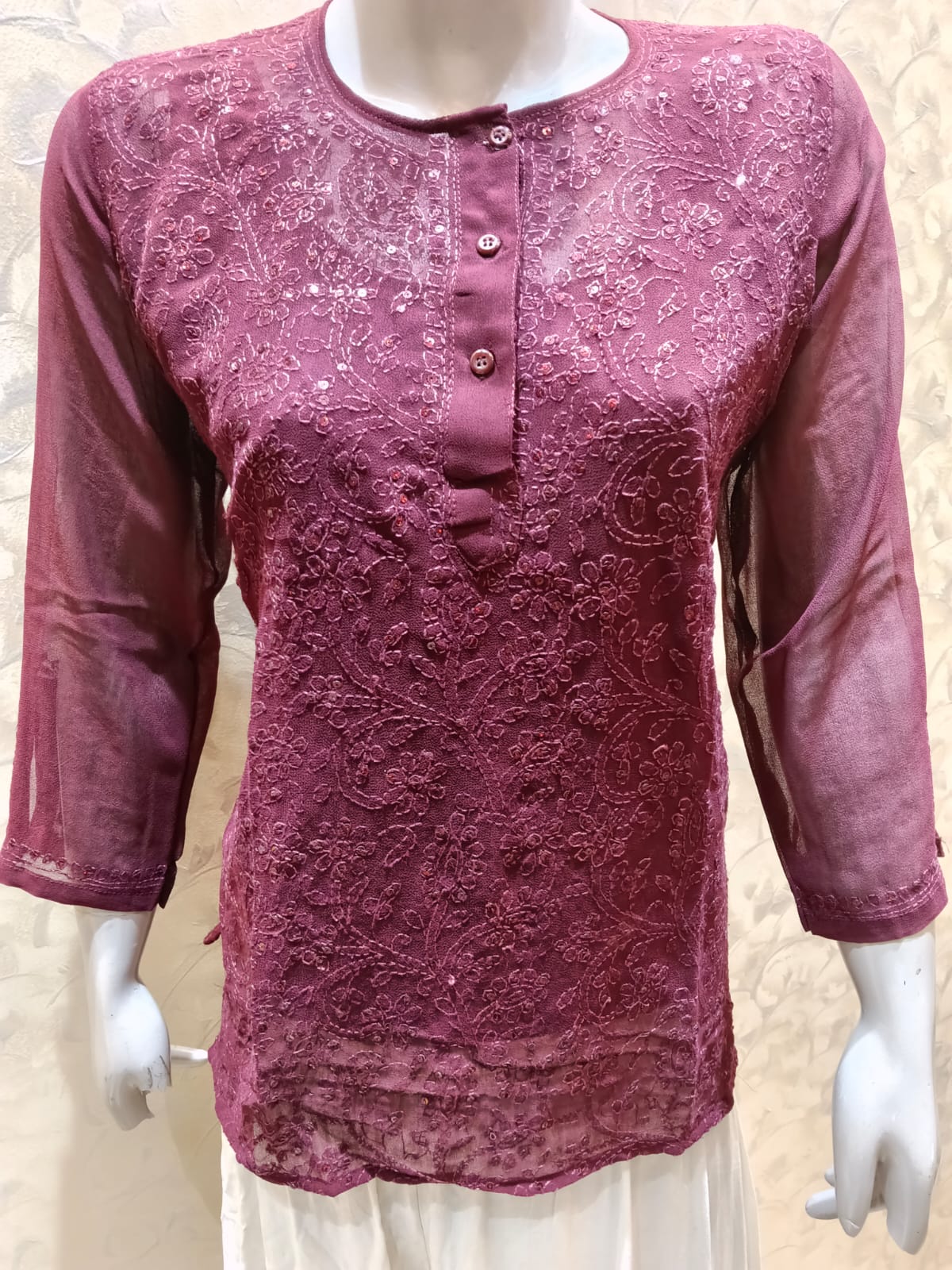 Skin Friendly Georgette Chikankari Short Kurti Wine Colour Lucknow Chikan Emporium.