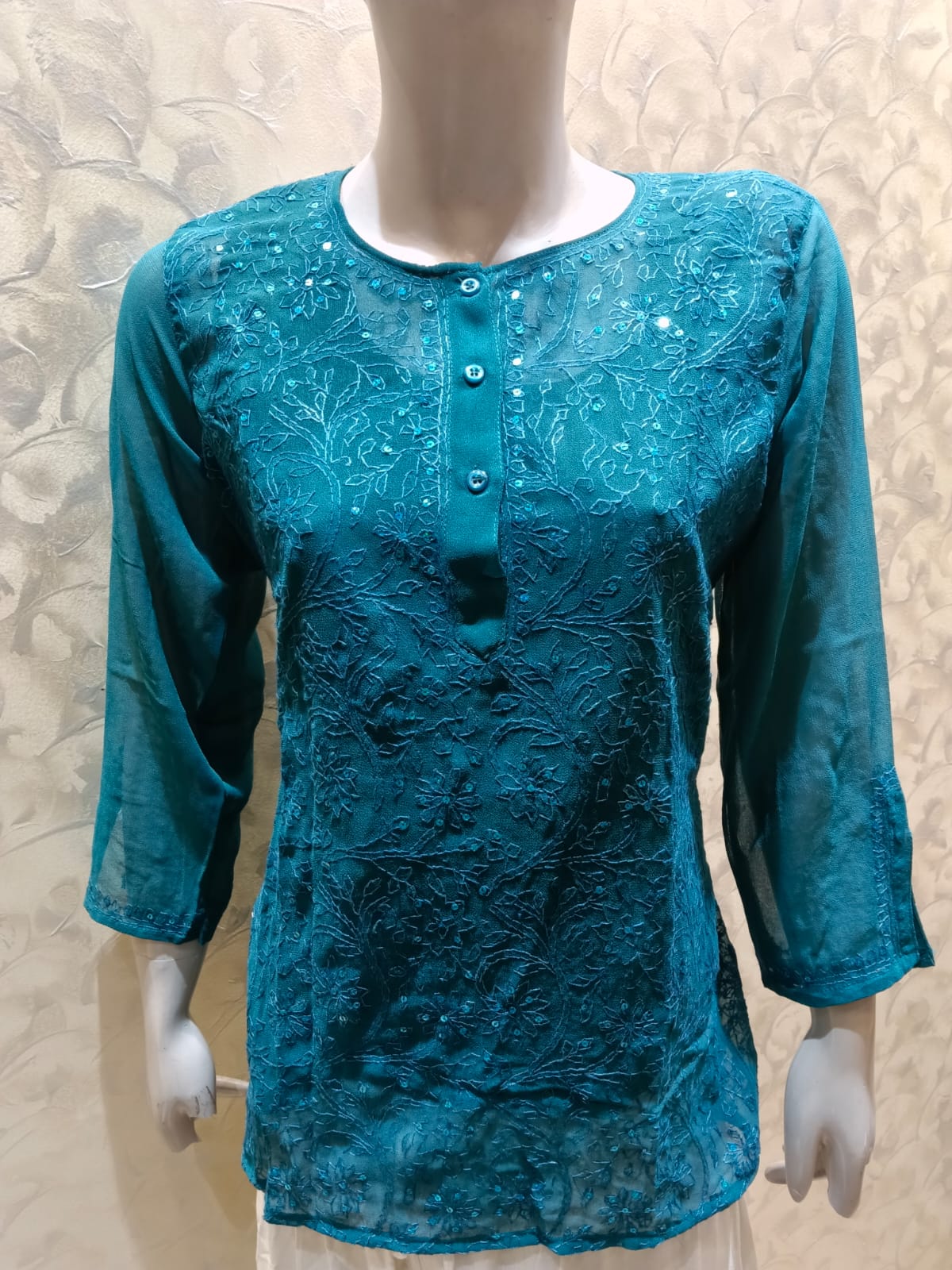 Skin Friendly Georgette Chikankari Short Kurti Teal Blue Colour Lucknow Chikan Emporium.