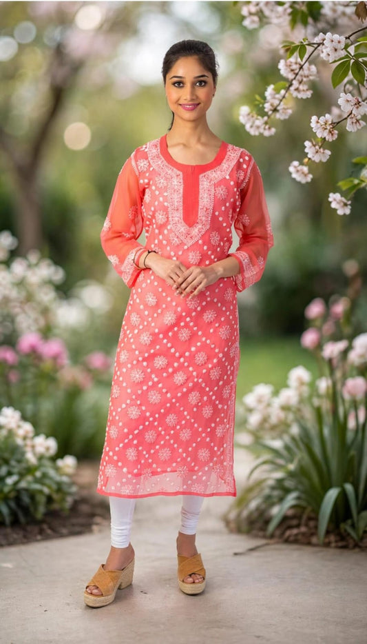 (Carrot Colour) Hand Chikankari Semi  Georgette kurti Lucknow Chikan Emporium.