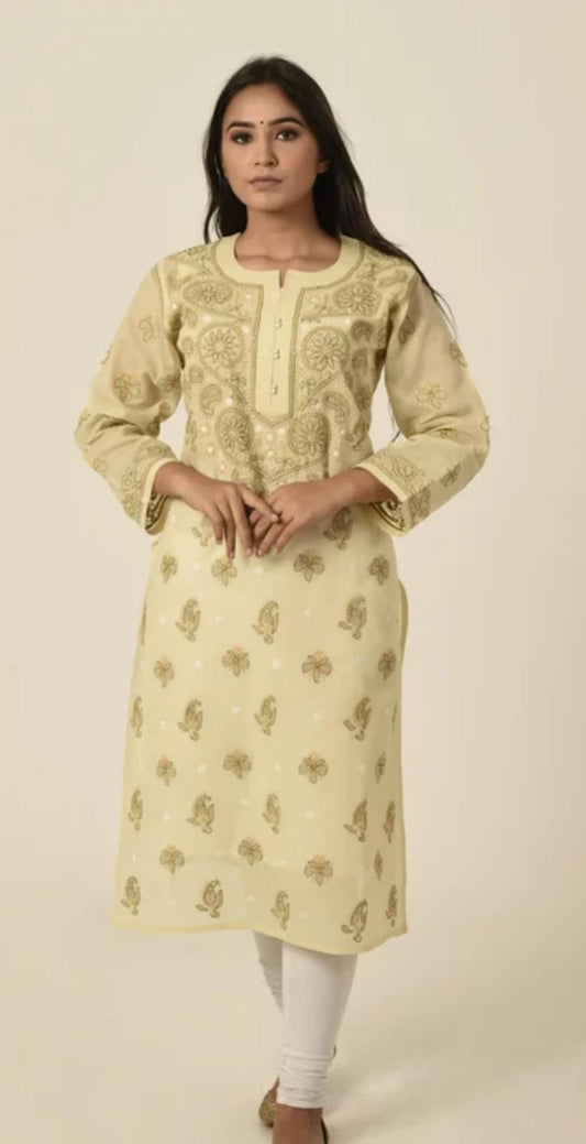 Fawn colour Hand embroided cotton Chikankari Kurti Lucknow Chikan Emporium.