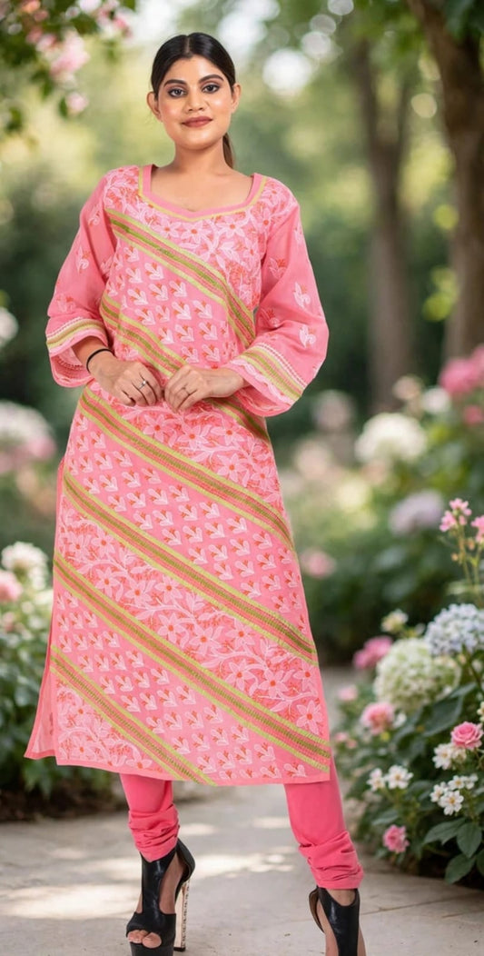Cotton Hand Chikankari Kurti (Bright Pink) Lucknow Chikan Emporium.