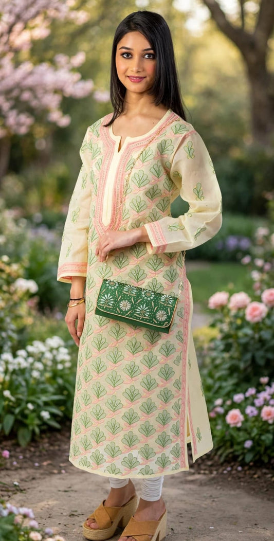 Cotton Kurti Nice Lemon Yellow Colour Hand Chikankari Kurti Lucknow Chikan Emporium.