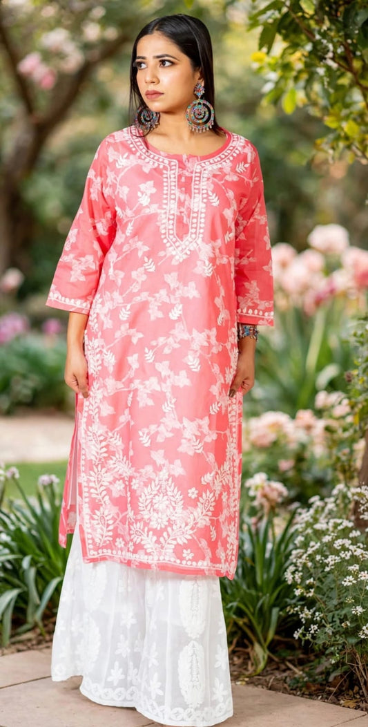 Carrot Pink Hand Embroided Skin Friendly Cotton Chikankari Kurti Lucknow Chikan Emporium.