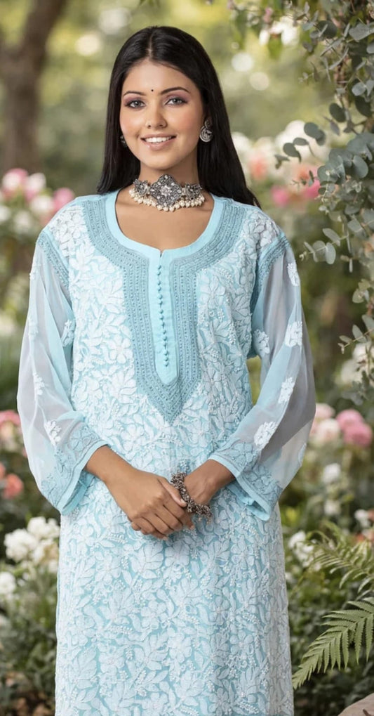 Blue Hand embroided Semi georgette Chikankari Long plus size Kurti Lucknow Chikan Emporium.