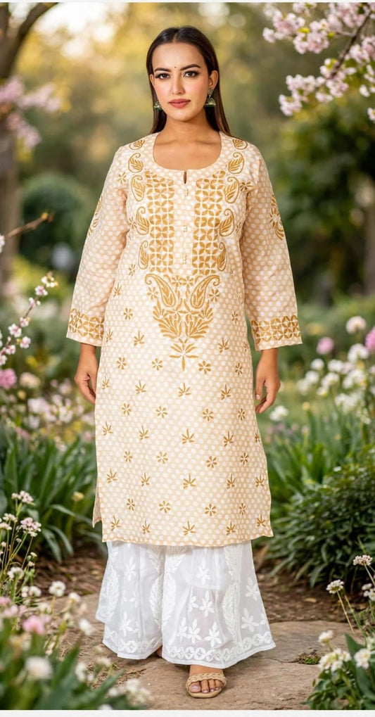 Fawn Hand Embroided Skin Friendly Cotton Chikankari Kurti Lucknow Chikan Emporium.