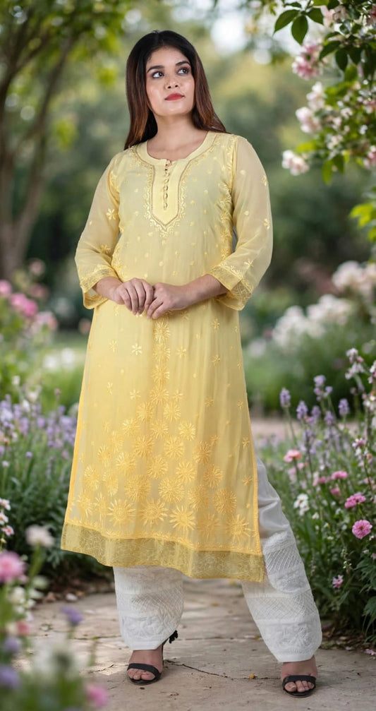 (Elegant Shaded) Hand Chikankari Viscose  Georgette Kurti Lucknow Chikan Emporium.