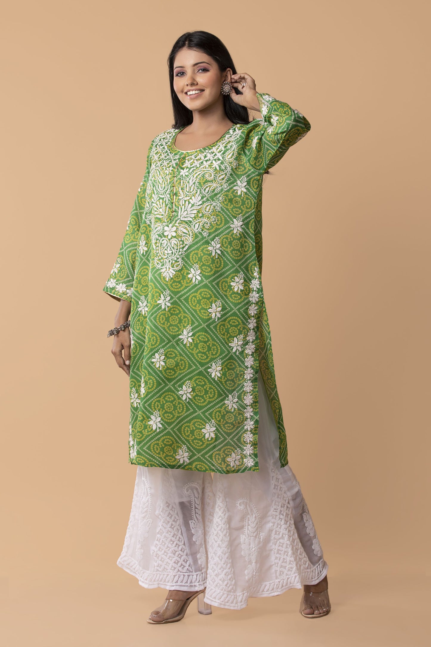 Bandhani Print Cotton Long kurti Nice Green Colour Hand Chikankari Lucknow Chikan Emporium.