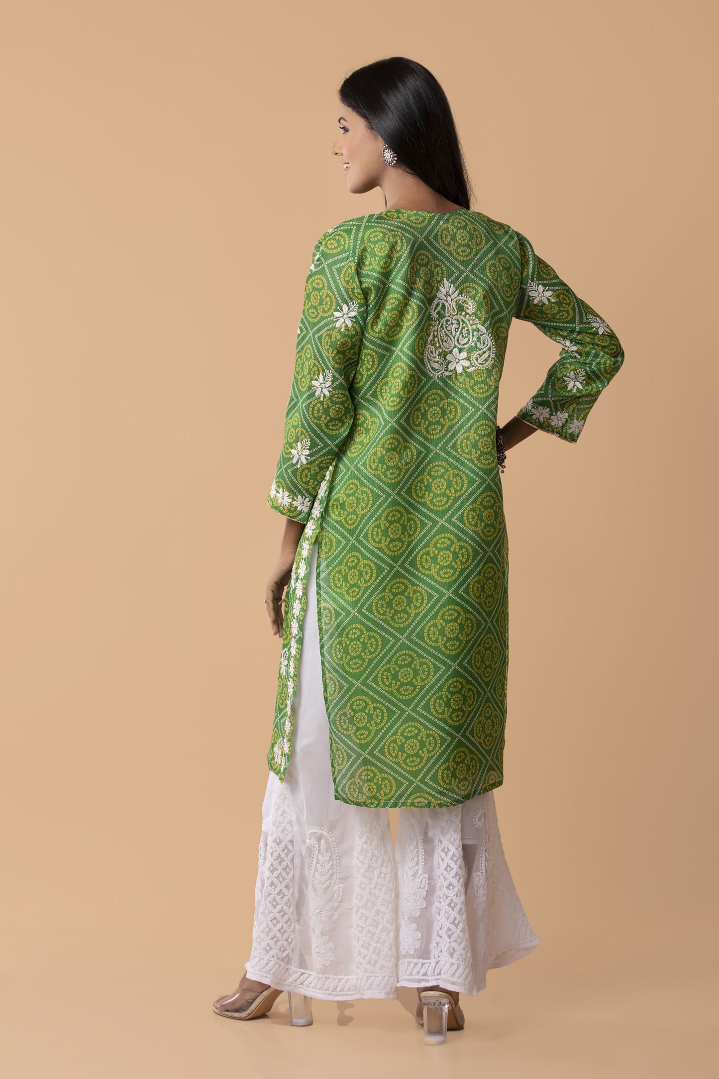 Bandhani Print Cotton Long kurti Nice Green Colour Hand Chikankari Lucknow Chikan Emporium.