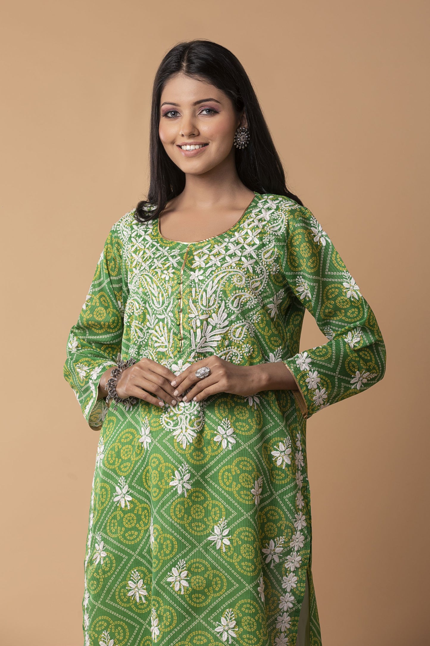 Bandhani Print Cotton Long kurti Nice Green Colour Hand Chikankari Lucknow Chikan Emporium.