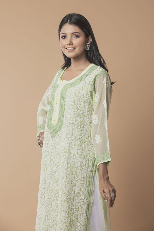 Lemon Green Hand embroided Semi georgette plus size  Chikankari Long Kurti Lucknow Chikan Emporium.