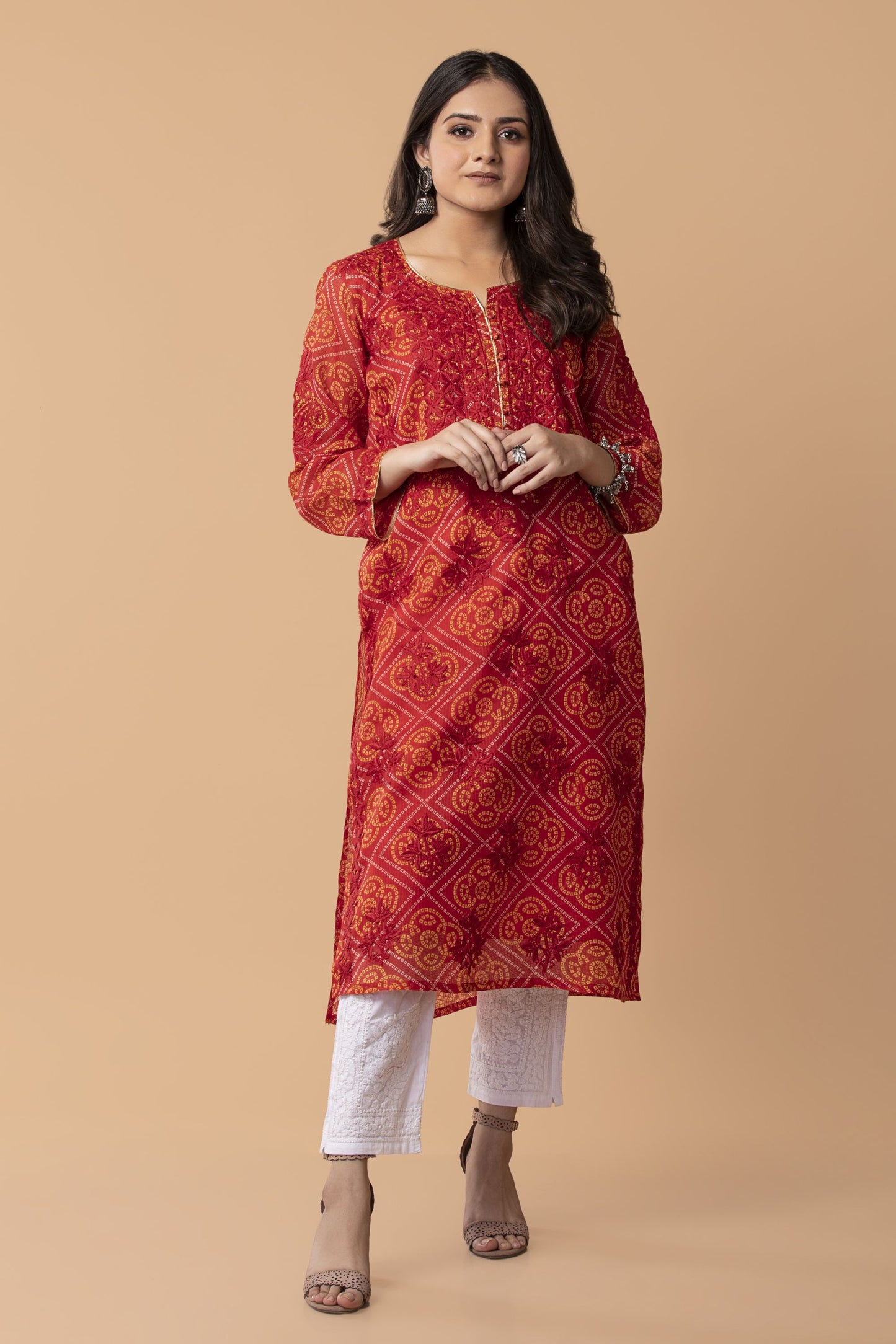 bandhani print Cotton Long kurti Nice Red Colour Hand Chikankari Lucknow Chikan Emporium.