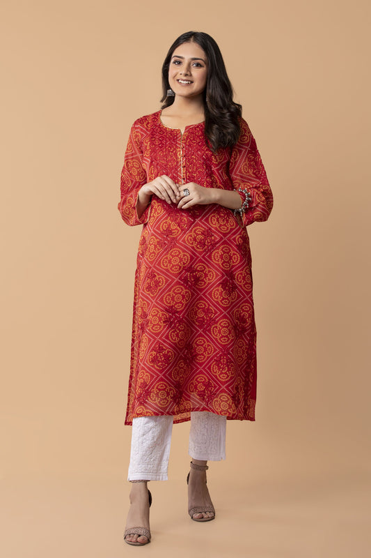 bandhani print Cotton Long kurti Nice Red Colour Hand Chikankari Lucknow Chikan Emporium.