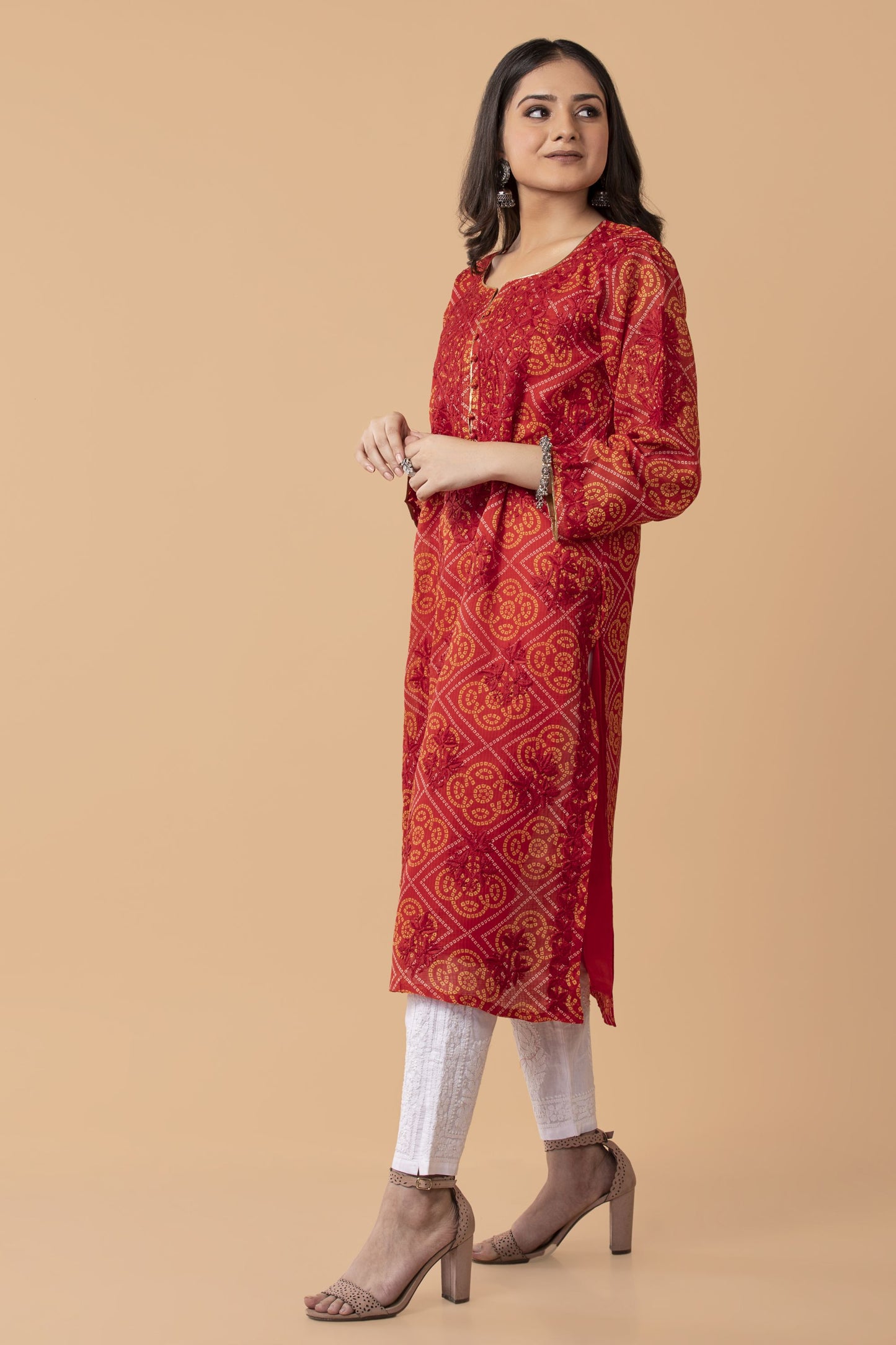 bandhani print Cotton Long kurti Nice Red Colour Hand Chikankari Lucknow Chikan Emporium.