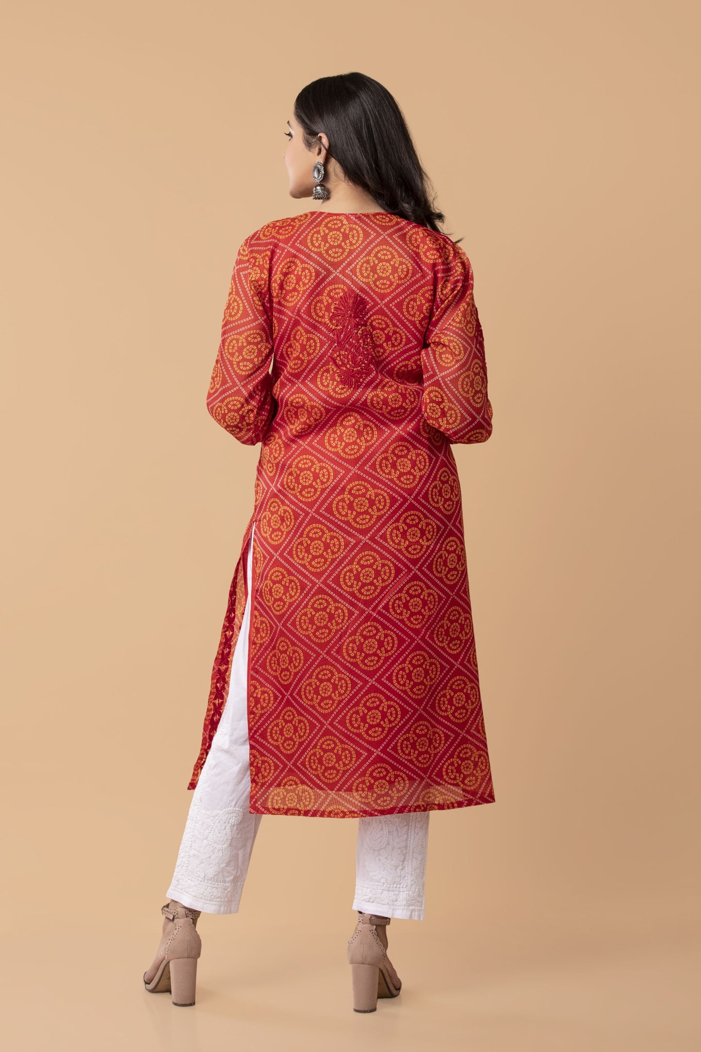 bandhani print Cotton Long kurti Nice Red Colour Hand Chikankari Lucknow Chikan Emporium.