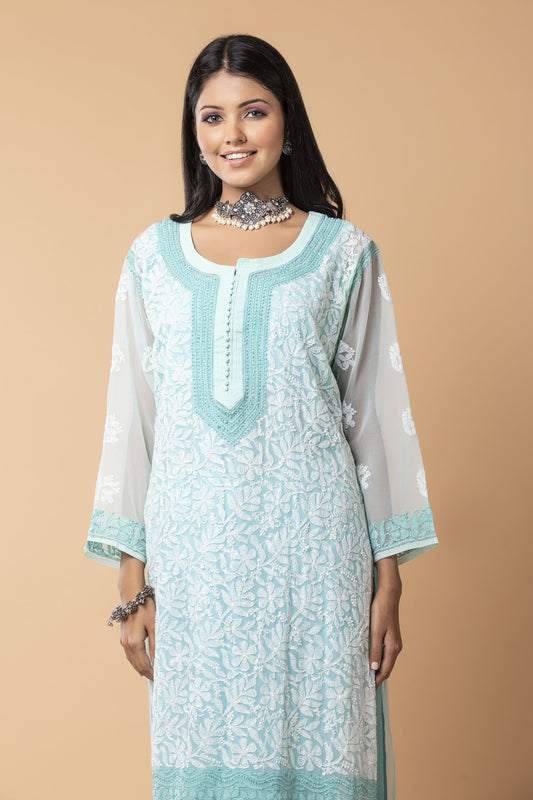 Sea Green Hand embroided Semi georgette Chikankari Long plus size Kurti Lucknow Chikan Emporium.