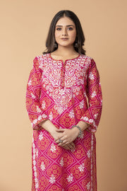 bandhani print Cotton Long kurti Nice Pink Colour Hand Chikankari Lucknow Chikan Emporium.
