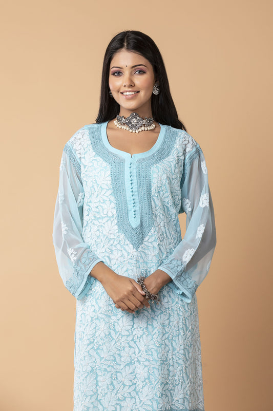 Blue Hand embroided Semi georgette Chikankari Long plus size Kurti Lucknow Chikan Emporium.