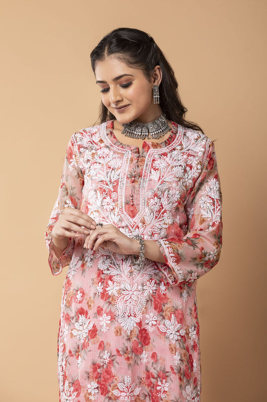 Nice Pink Colour Hand Chikankari floral print kota doriya cotton Long kurti Lucknow Chikan Emporium.