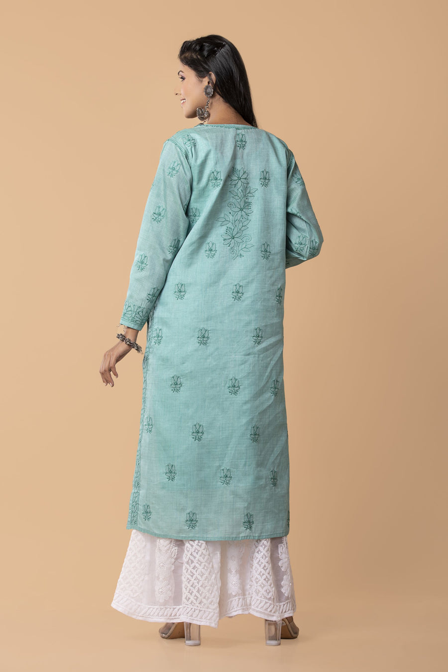 Sea Green Hand embroided Cotton Silk skin friendly Long Kurti Lucknow Chikan Emporium.